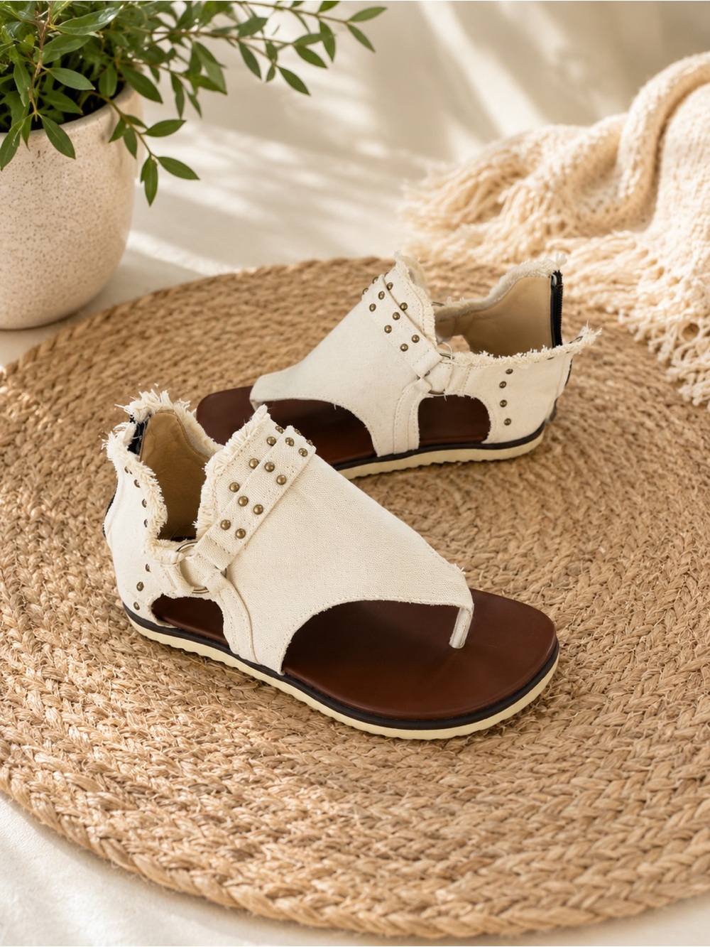 Women’s Ivory Canvas Fringe Toe-Post Sandals